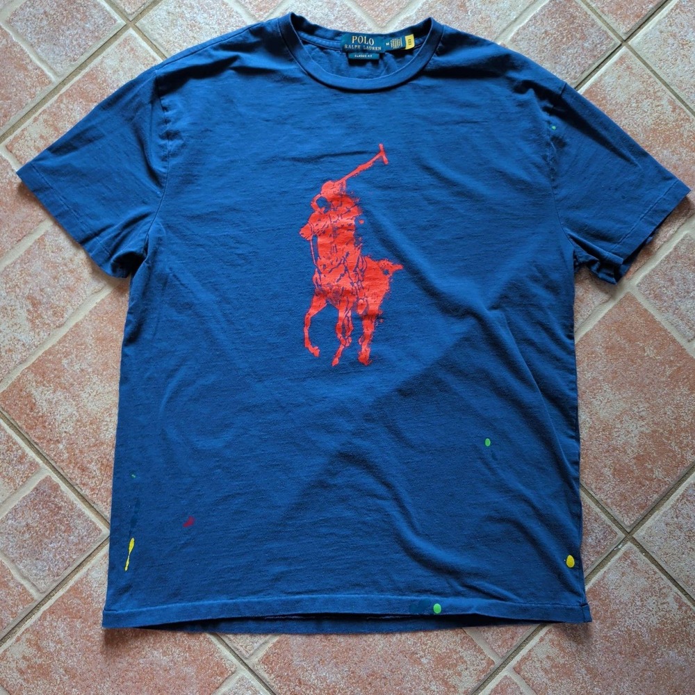 Polo Ralph Lauren T-Shirt Mens M Blue Big Pony Paint Splatter Classic Fit